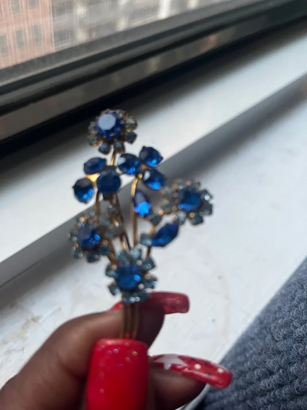 Blue Crystal Floral Brooch - Gold Tone signed makers, mark TBD